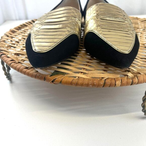 DKNY Dara Flats Leather Flip On Flats Pointed Toe Gold Crocodile Skin with Black - Picture 3 of 8